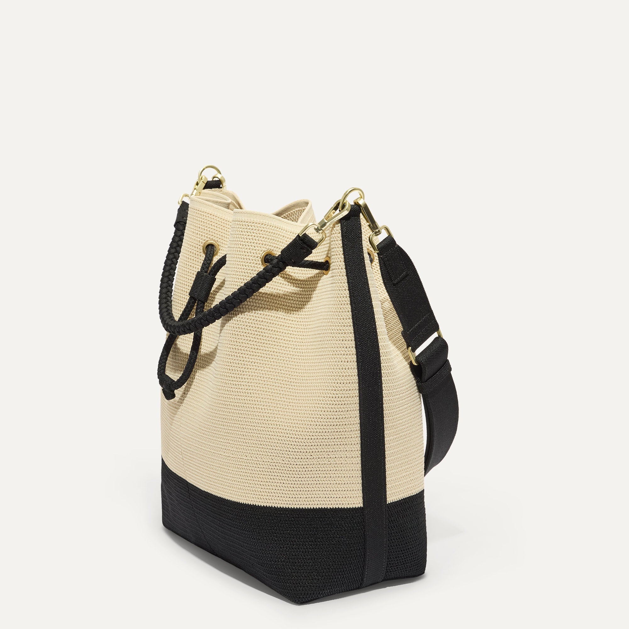 The Cinch Bucket Bag - Black and White Raffia-Knit - 图片 5